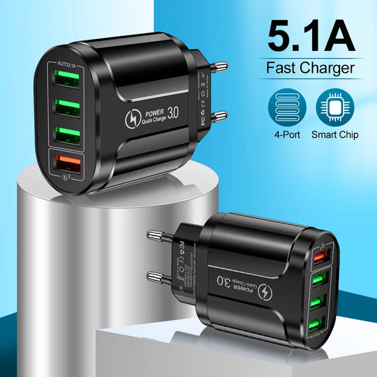 45W Fast Charger | QC 3.0 Wall Adapter with 3 Ports (USB + Type-C) | EU/US Plug for iPhone, Samsung, Xiaomi & More – Travel Ready