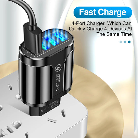 45W USB Quick Charge 3.0 Wall Charger | Fast Charging Adapter for iPhone, Samsung, Xiaomi, and More | 3 USB Ports | EU/US Plug | Travel Ready
