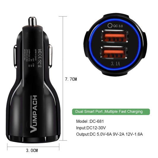 Car Charger 18W Dual USB Fast Charging Adapter - QC 3.0 for iPhone, Samsung, Xiaomi, Huawei