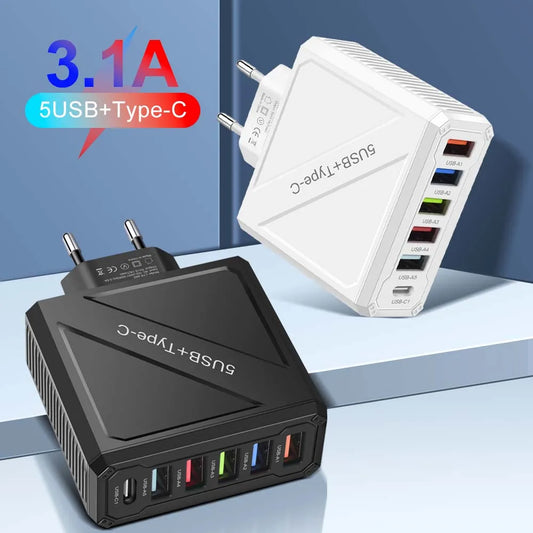 65W 6-Port USB Wall Charger – 5 USB-A + 1 USB-C Ports | Fast Charging Adapter for iPhone, Xiaomi, Samsung, Vivo | EU/US/UK Plug