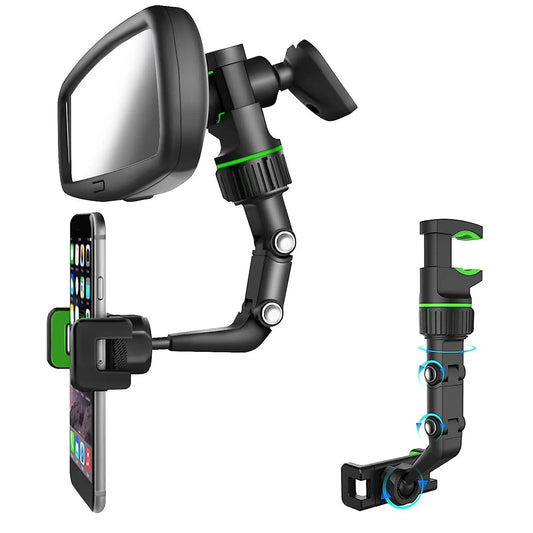360° Rotatable Rearview Mirror Phone Holder – Retractable & Multifunctional Car Mount for All Smartphones
